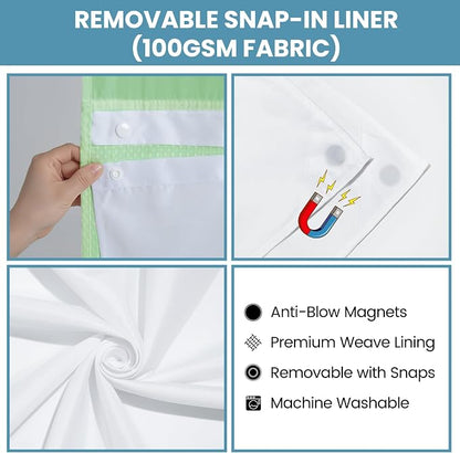 SORTTO No Hook Shower Curtain with Snap in Liner Set Waffle Shower Curtain for Bathroom Hotel Style Fabric Waterproof Inner Liner，71" W x 74" H, Green