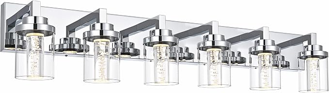 MELUCEE 6-Light LED Bathroom Light Fixtures Chrome, Built-in LED Chips | Modern Bubble Crystal Vanity Lights with Clear Glass Shade, Dimmable 5CCT Wall Sconce Lamp for Bathroom Restroom