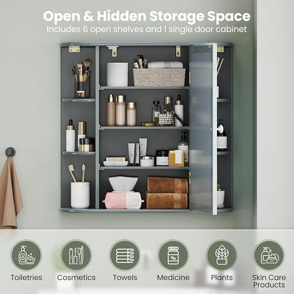 GIANTEX Bathroom Mirror Cabinet (Grey) | Wall Mounted Medicine Cabinet with Mirrored Door & 4 Interior Shelves, 6 Open Shelves, Space-saving Storage Cabinet