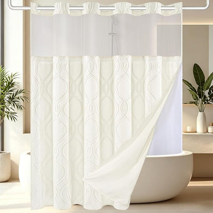 Yinhua No Hook Shower Curtain with Snap in Liner Set, 71" W×74" L, Beige | Hotel Style Curtains with See Through Top Window, Washable Waterproof, Tufted, Hookless Curtain for Bathroom Bathtub