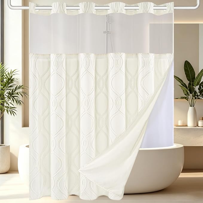 Yinhua No Hook Shower Curtain with Snap in Liner Set, 71" W×86" L, Beige | Hotel Style, See Through Top Window, Washable Waterproof, Tufted, Extra Long Hookless Curtain for Bathroom Bathtub