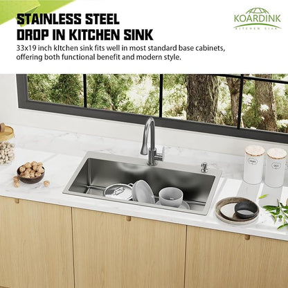 33x19 Inch Drop In Kitchen Sink-Stainless Steel Topmount Modern Single Bowl Kitchen Sink Come With Silicon Mat, Drain Strainer Set Offer Large Basin And Compatibility With Various Kitchen&Bar Style