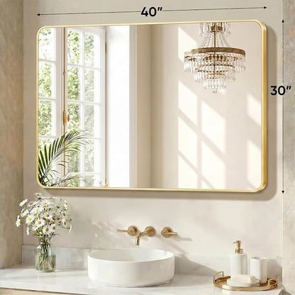 Sweetcrispy Bathroom Wall Mirror, Vanity Mirrors for Over Sink, 30x40 Inch | Rounded Rectangle Matte Metal Frame, Over Sink Home Decor, Living Room Bedroom Hang, Gold