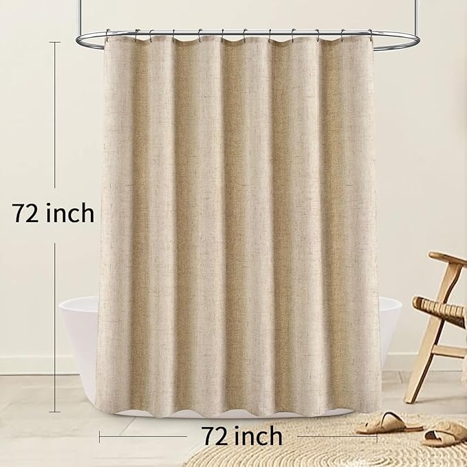 Linen Shower Curtain Flax Tan, Fabric Boho Farmhouse Shower Curtains for Bathroom Cotton Natural Cloth Liner Set 72" W x 72" L