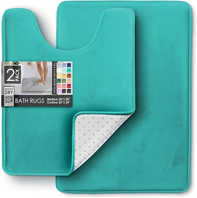 Clara Clark 2 Piece Bathroom Rugs, Velvet Memory Foam Bath Mat Set, Non-Slip Bath Rugs, Machine Wash, Dries Quickly, Ultra Soft Plush Bath Mats for Bathroom, 20 x 32 + Contour, Teal Blue