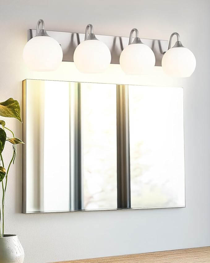 Emak Modern 4-Light Bathroom Lighting Fixtures Over Mirror, Brushed Nickel Vanity Light with Milk Glass Shade, 29 Inch Globe Vanity Lights for Bathroom, Mirror, VL118-BN-ML-4