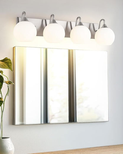Emak Modern 4-Light Bathroom Lighting Fixtures Over Mirror, Brushed Nickel Vanity Light with Milk Glass Shade, 29 Inch Globe Vanity Lights for Bathroom, Mirror, VL118-BN-ML-4