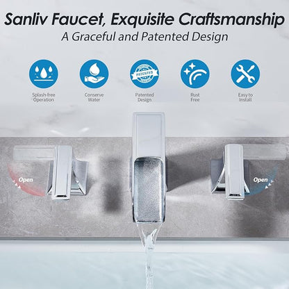 Chrome Waterfall Bathroom Faucet, Sanliv 2-Handle Widespread Bathroom Faucet for 3-Hole Sinks 4-8 inch, Modern 3 Piece Vanity Faucet with Pop-Up Drain Chrome