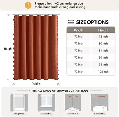 ANRODUO Burnt Orange Scalloped Linen Textured Shower Curtain, W72 x L108 | Boho Farmhouse Shower Curtain with 12 Metal Hooks, Machine Washable Waterproof Heavy Duty Fabric for Bathroom Bathtub
