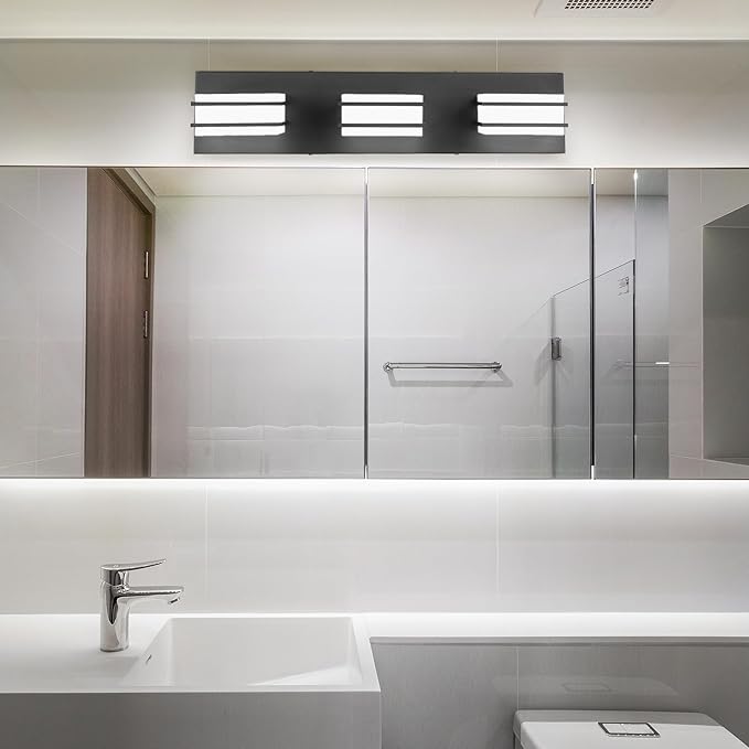 3 Color Temperature Dimmable Bathroom Light Fixtures over Mirror LED Black Vanity Acrylic Stainless Steel Square Shade Lights for Bathroom, ETL Certificated, VL5518