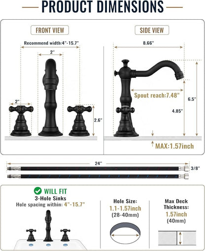 gotonovo Bathroom Faucet 3 Hole Vintage, Matte Black, H C Label | Widespread Bathroom Sink Faucet 8 Inch 2 Cross Handles,Pop Up Drain,cUPC Supply Line,4-15.7” Install,for Vanity Farmhouse RV