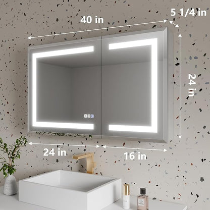 LED Bathroom Medicine Cabinet with Mirror, 24x40 Medicine Cabinet with Lights, Power Failure memor, Dimmable, Defogging, Recessed/Surface, Front&Backlit, Outlets, Dual-Opening