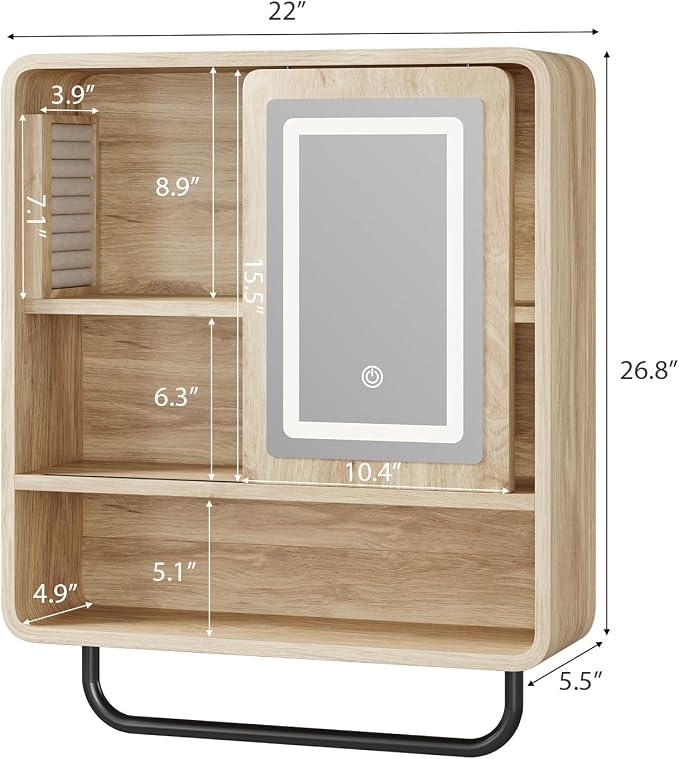 Modern Bathroom Wall Cabinet, Medicine Cabinets with Mirror, Over The Toilet Storage Cabinet for Bathroom, Towel Bar, Sliding Door, 3 Lighting Modes, Adjustable Brightness, Natural Oak