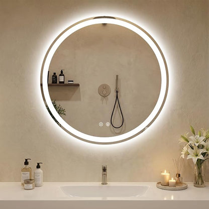 DUMOS 30 Inch Round LED Bathroom Mirror with Lights, Circle Vanity Mirror | Anti-Fog, Dimmable, 3-Color Light, Front Light and Backlit, Memory Function, Tempered Glass