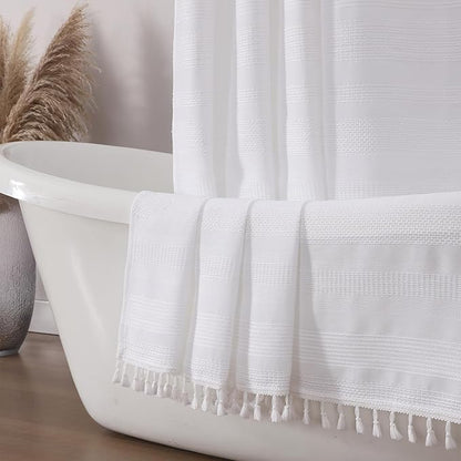 White Boho Shower Curtain 72 Inch Long, Modern Farmhouse Rustic Striped Fabric Shower Curtain with Tassel, Heavy Duty Vintage Country Bathroom Decoration, 72Wx72L Inches