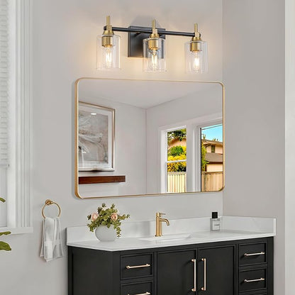 3-Light Modern Bathroom Vanity Light,Black and Gold Light Fixtures for Bathroom,Modern Wall Light Over Mirror with Glass E26 Socket (Bulbs Not Included)