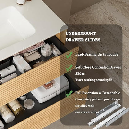 36" Floating Bathroom Vanity with Sink, Wall Mounted Modern Bathroom Cabinet with 2 Soft Close Drawers, Oak & Plywood, Pre-Assembled with Integrated Ceramic Basin – Sedona, Light Oak