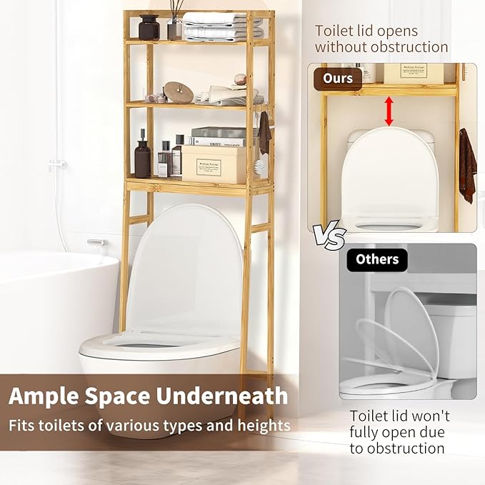 BAMBANG Over The Toilet Storage Rack, 3-Tier Over The Toilet Storage Shelf with 3 Hooks, Freestanding Above Toilet Bathroom Organizer Shelves for Space Saver Storage, Bamboo Natural