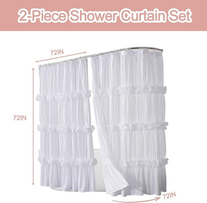 Homechoice Decor White Shower Curtain 2 Pack, 72" W x 72" L x 2 Panels | Double Panels for Easy Access, Soft Brushed Texture, Elegant Ruffle Design, Hotel-Style Bathroom Décor (LQ-44)