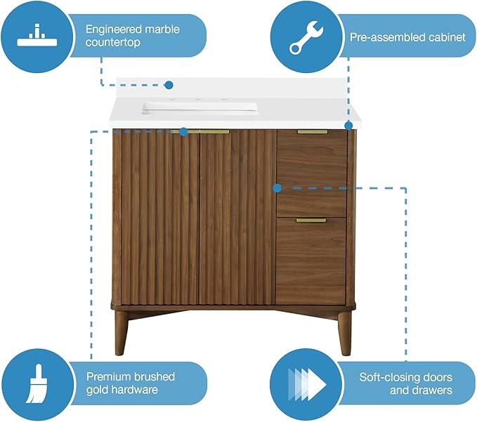 OVE Decors Indy 36 in. Undermount Single Sink Bathroom Vanity with White Engineered Marble Top, Warm Walnut