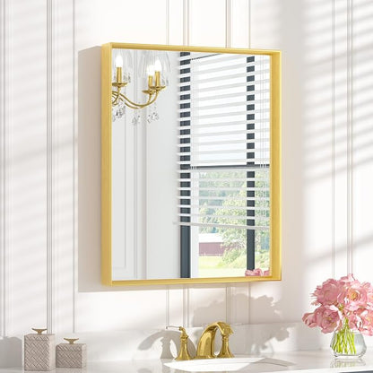 Keonjinn 24x30 Inch Gold Bathroom Mirror for Over Sink, Vanity Mirror | HD Tempered Glass, Rectangular, Brushed Framed, Square Corner, Modern Farmhouse, Wall Mounted Mirrors, Aluminum Alloy