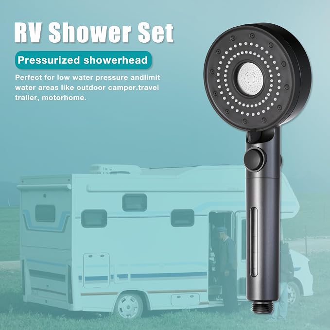 Handheld Filter RV Shower Head with ON OFF Switch | 5 Mode High Pressure Spray,for RV,Camper,Bathroom,Stainless Steel Shower Hose,No Drilling Wall Mount Adhesive Shower Holder