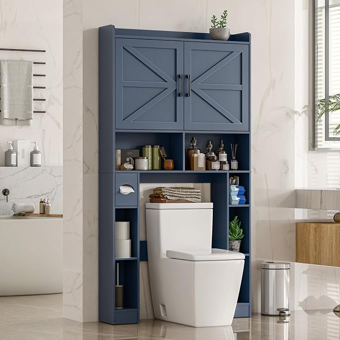 Vabches Over The Toilet Storage Cabinet with Barn Doors, Blue | Toilet Cabinet Rack, Space Saving Bathroom Organizer with Shelves, Toilet Paper Holder and Towel Rack for Bathroom,Laundry.