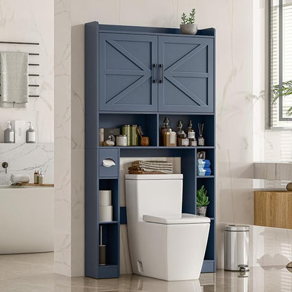 Vabches Over The Toilet Storage Cabinet with Barn Doors, Blue | Toilet Cabinet Rack, Space Saving Bathroom Organizer with Shelves, Toilet Paper Holder and Towel Rack for Bathroom,Laundry.
