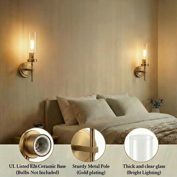 Hardwired Gold Bathroom Sconces Vanity Light fixtures Wall Light | Hardwired Sconces Brushed Gold Wall Lights for Bathroom Mirror Living Room Bedroom Hallway Stairs