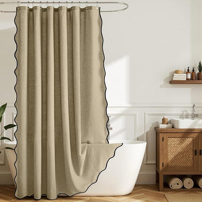MIULEE Khaki Scalloped Linen Shower Curtain 72W x 72L | 12 metal hooks, Linen scalloped, waterproof washable, thick heavy cloth, black border, boho farmhouse, bathroom hotel use