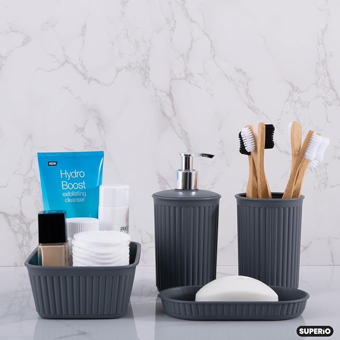 Superio Ribbed Plastic Bathroom Accessories Set, Soap Dish, Dispenser, Holder, Tray (Grey, Bathroom Accessories (Set of 5))