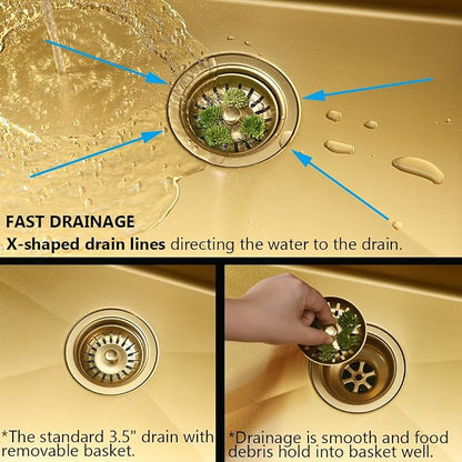 Gold Kitchen Sink, 33x19 Drop In Kitchen Sink Stainless Steel | Top Mount Kitchen Sink 16 Gauge Stainless Steel Deep Single Bowl Sink with Drain Assembly