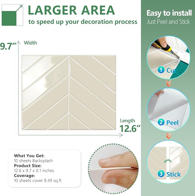 STICKGOO Herringbone Peel and Stick Backsplash, Light Gray Beige, 10 Sheets | 12.6 x 9.7 in, Thicker Rectangular Vinyl Stick-On Wall Tiles, Easy Alignment, Waterproof, Easy to Clean, Kitchen/Bathroom
