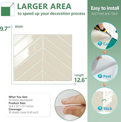 STICKGOO Herringbone Peel and Stick Backsplash, Light Gray Beige, 10 Sheets | 12.6 x 9.7 in, Thicker Rectangular Vinyl Stick-On Wall Tiles, Easy Alignment, Waterproof, Easy to Clean, Kitchen/Bathroom