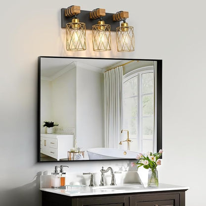 IZORRO Farmhouse Bathroom Vanity Light, 3-Light Wood Bathroom Light Fixtures Over Mirror, Black and Gold Industrial Vanity Lights with Metal Shade, Rustic Restroom Lighting Fixtures