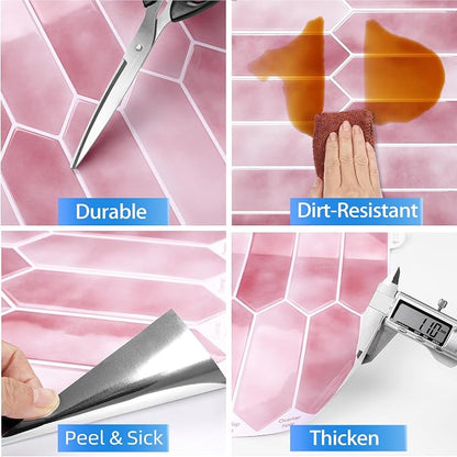 ReWallpaper 34-Sheet Self Adhesive Kitchen Backsplash Tiles Peel and Stick Marble Tile Sticker for Bathroom Waterproof Pastel Pink Long Hexagon Stick on Backsplash for Fireplace RV Living Room 12"x12"