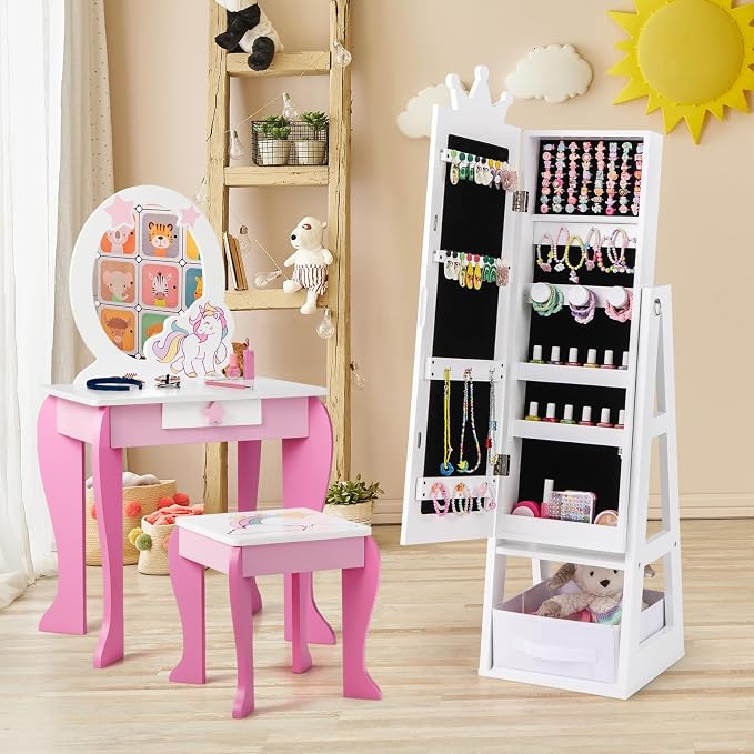 CHARMAID Kids Jewelry Cabinet - 45.5'' Standing Jewelry Armoire with Full Length Mirror, Storage Drawer and Back Shelf, Kids Jewelry Organizer Box Vanity Dressing Mirror for Girls (White)