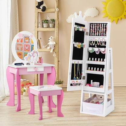CHARMAID Kids Jewelry Cabinet - 45.5'' Standing Jewelry Armoire with Full Length Mirror, Storage Drawer and Back Shelf, Kids Jewelry Organizer Box Vanity Dressing Mirror for Girls (White)