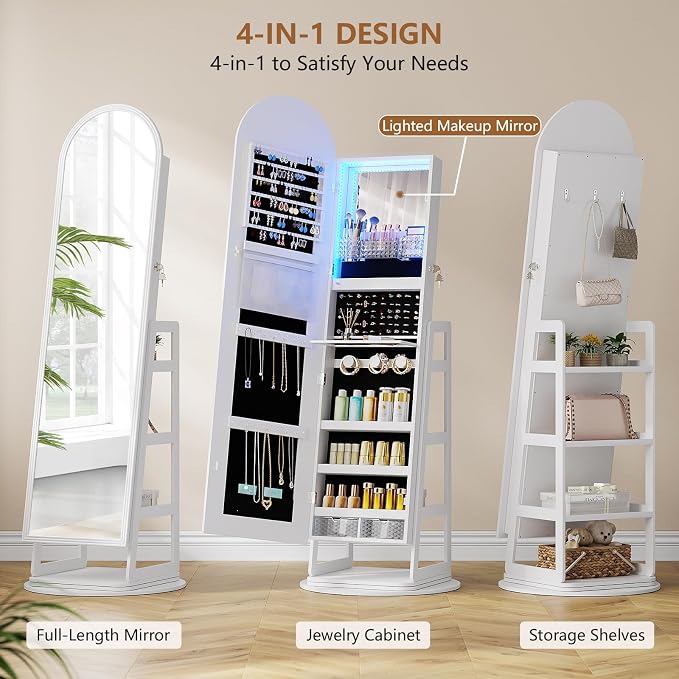 HWB Arched LED Jewelry Cabinet with Full-Length Mirror & Storage Shelves