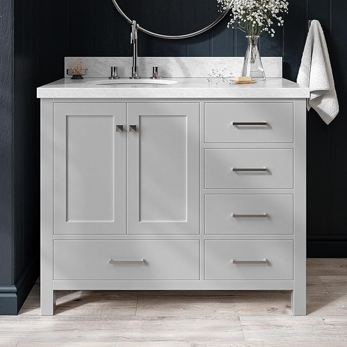 ARIEL Cambridge 42-inch Bathroom Vanity with Sink,Solid Wood, 1.5-inch Italian Carrara Marble Countertop & Backsplash, Single Oval Porcelain Sink, 2 Soft Closing Doors, 5 Dovetail Drawers, Grey
