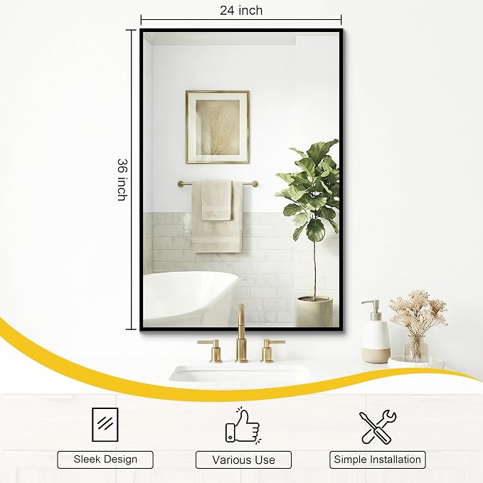 Bathroom Mirror for Wall, 2 Pack 36"x24" Black Vanity Mirror | Sturdy Rectangular Metal Frame, HD Tempered Glass, Hangs Horizontally or Vertically in Bedroom, Living Room, Entryway