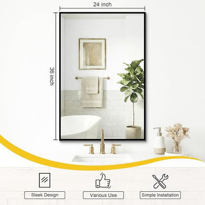 Bathroom Mirror for Wall, 2 Pack 36"x24" Black Vanity Mirror | Sturdy Rectangular Metal Frame, HD Tempered Glass, Hangs Horizontally or Vertically in Bedroom, Living Room, Entryway