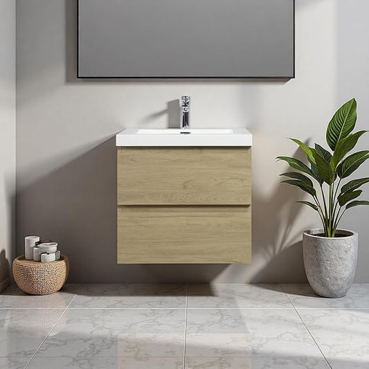 Floating Bathroom Vanity with Sink, 24" Wall-Mounted Bathroom Storage Cabinet with Resin Countertop & 2 Soft Close Drawers, Modern Stylish Vanity with Open Back Design, Easy to Clean, Oak