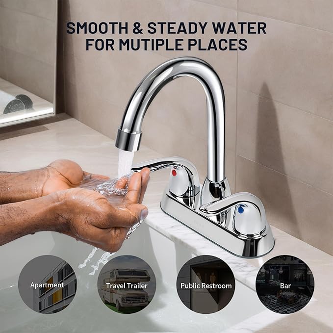 Bathroom Sink Faucet for 3 Hole, 4 Inch Stainless Steel Faucet for Bathroom, Bathroom Faucets with Deck Plate & Pop-Up Pop-Up Drain Assembly 2-Handle Faucet for Bathroom Sink Vanity RV Restroom