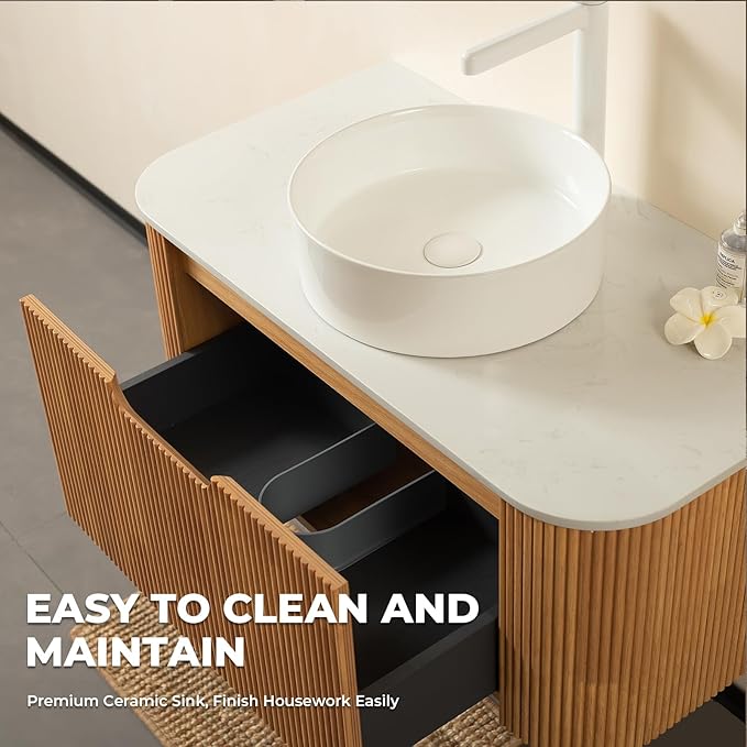 LKTART 36 Inch Floating Bathroom Vanity with Sink, Modern Wall Mounted Bathroom Storage Cabinet with Drawer, Stone Pattern Round White Ceramic Sink Top and Marble Texture Top, Natural Wood
