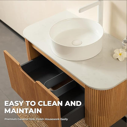 LKTART 24 Inch Floating Bathroom Vanity with Sink, Modern Wall Mounted Bathroom Storage Cabinet with Drawer, Round White Ceramic Sink Top and Marble Texture Top, Natural Wood