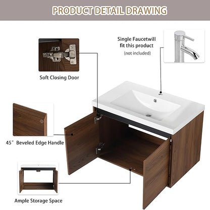 30" Floating Bathroom Vanity,30 Inch Bathroom Vanity with Sink,Single Sink Wall Mounted Vanity Combo,Dark Brown Wall Mounted Cabinet Set
