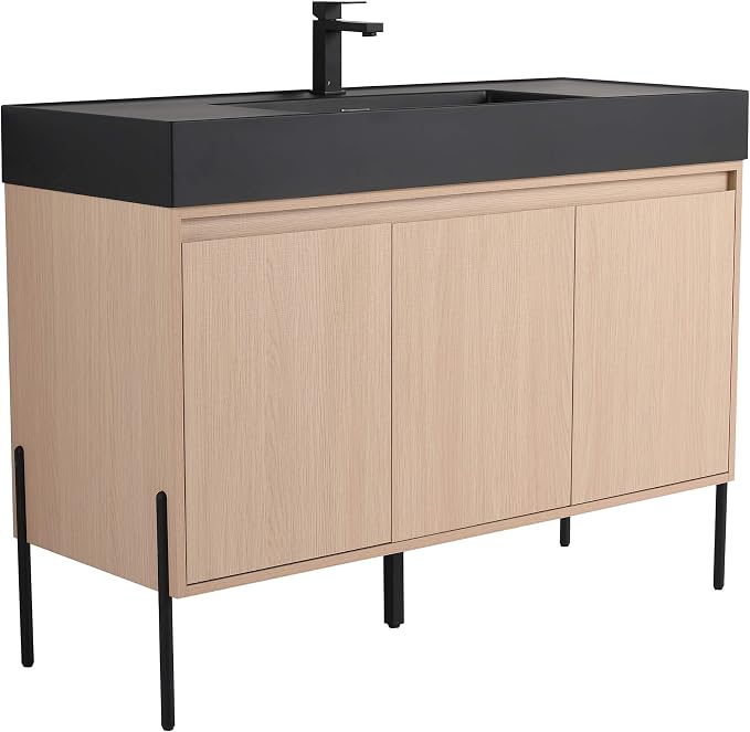 Crownpoint 48 Inch Bathroom Vanity with Sink, Black Sink, White Oak Finish, Full Assembly Required, Elegant Bathroom Vanities for Modern Homes