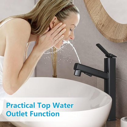 MIAOHUI Vessel Sink Faucet with Pull Out Sprayer, Tall Bathroom Sink Faucet with 3 Spray Mode, High Bathroom Faucets for Sink 1 Hole, Single Handle Modern Vanity Faucet with Fountain Mode, Matte Black