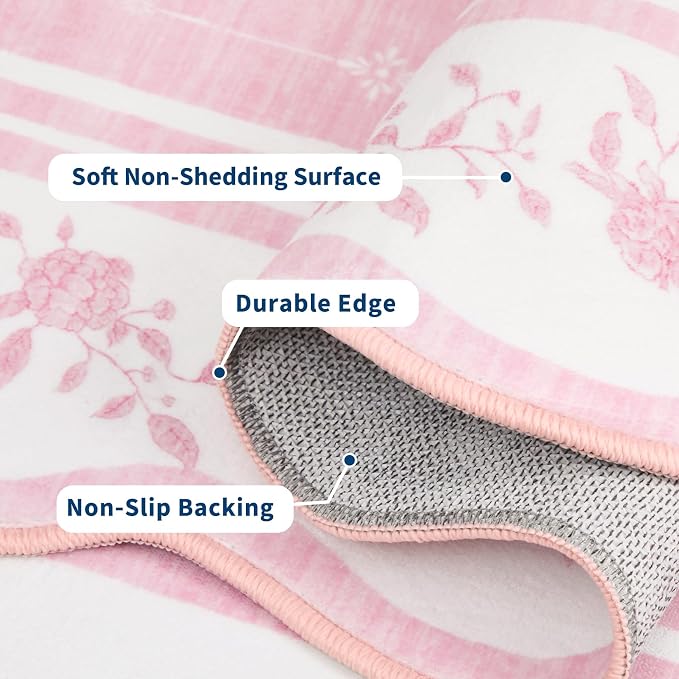 Garvee 2x6 Runner Rug Scalloped Kitchen Runner Rug Entryway Runners Pink | Washable Non Slip Modern Bordered Foldable Thin Accent Carpet Low Pile Soft Nursery Rugs for Hallway Bathroom Bedside Laundry